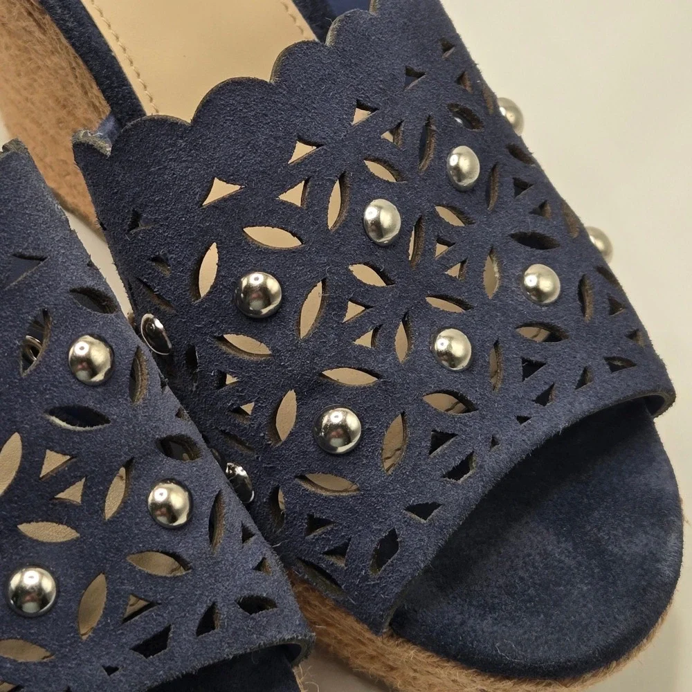 Marc Fisher Wedge Sandals Womens 7.5 Navy Blue Laser Cut Studded (S10